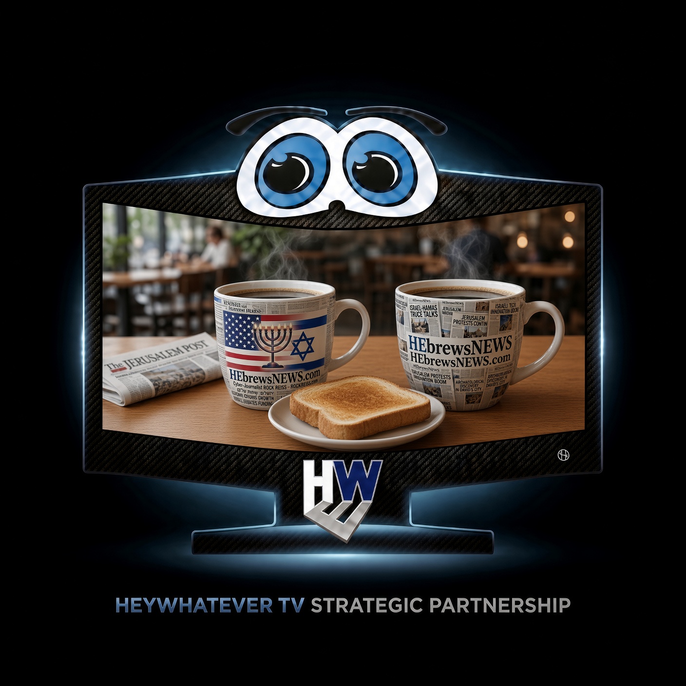 HEbrewsNEWS coffee mugs on a cafe table with Jerusalem Post
