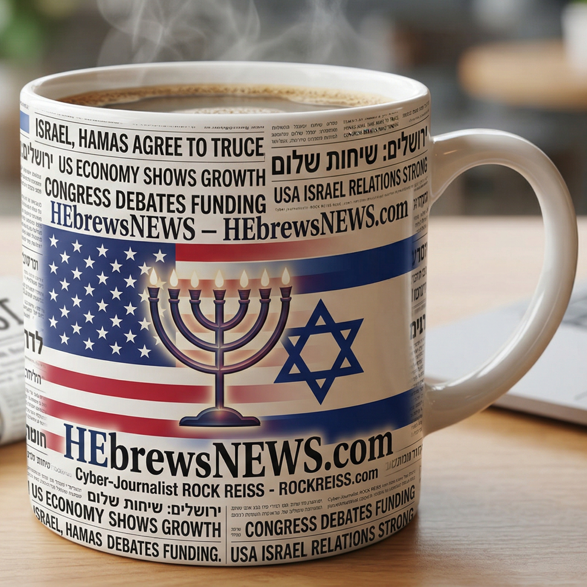 HEbrewsNEWS mug with USA and Israel flags and a glowing menorah